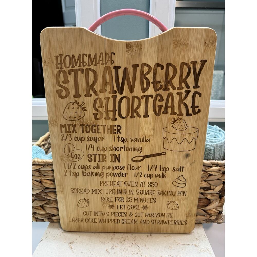 Wooden Cutting Board Sign Decor Handmade Strawberry Shortcake Recipe Pink Handle